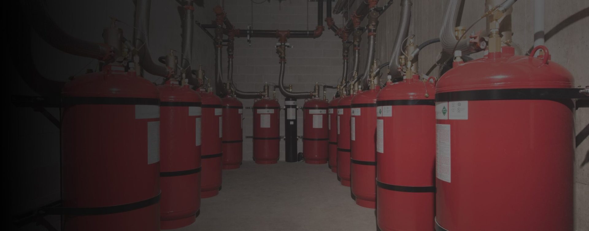 Array of red emergency fire extinguisher